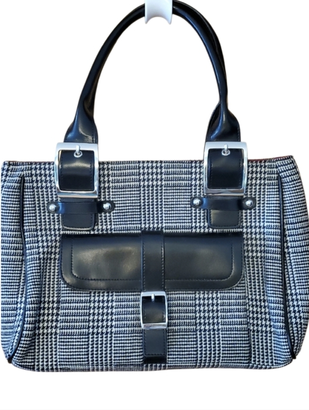 Wilsons Leather Maxima Black & White Houndtooth Plaid Tote Handbag with Buckle